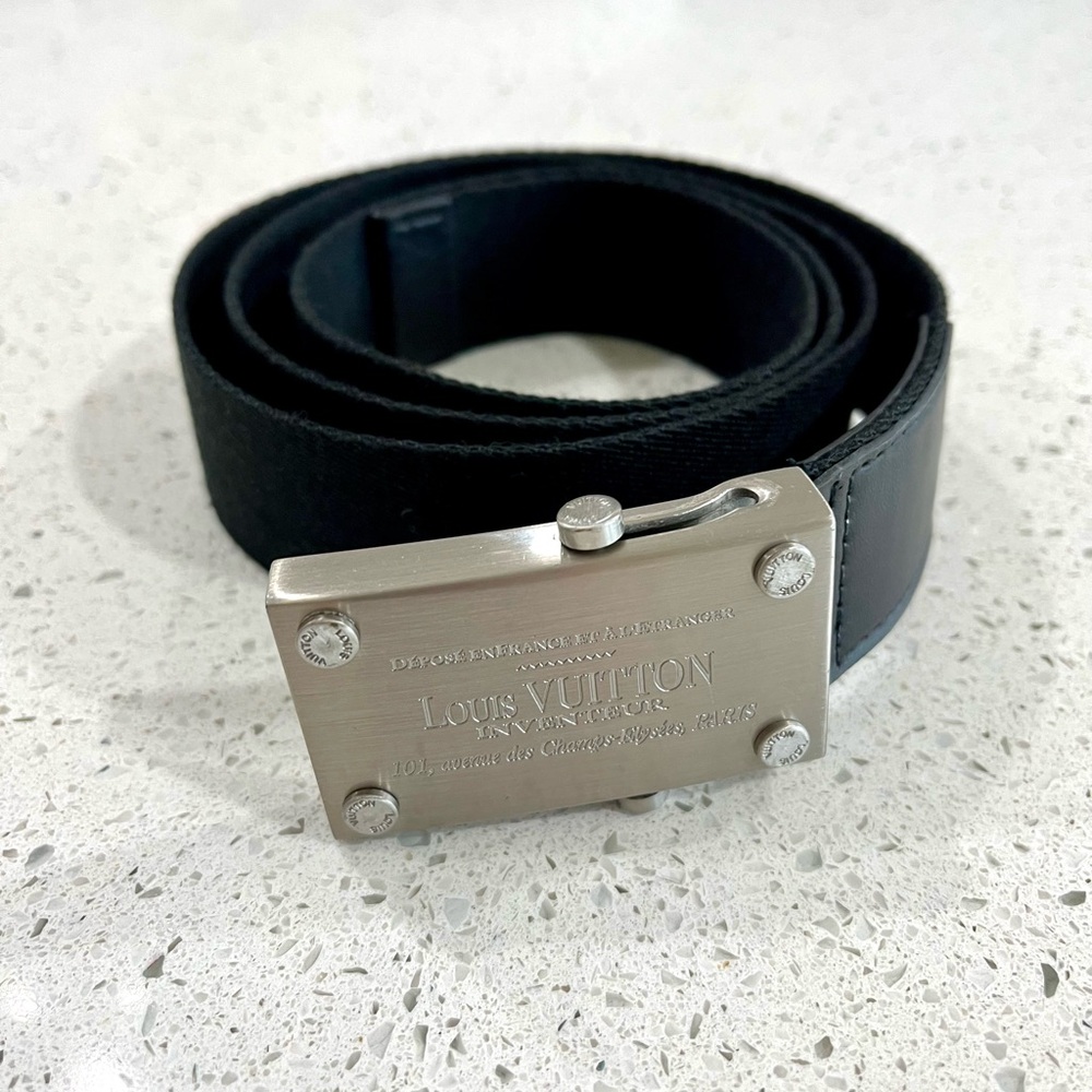 Louis Vuitton Black Fabric Inventeur Belt with Silver Clasp